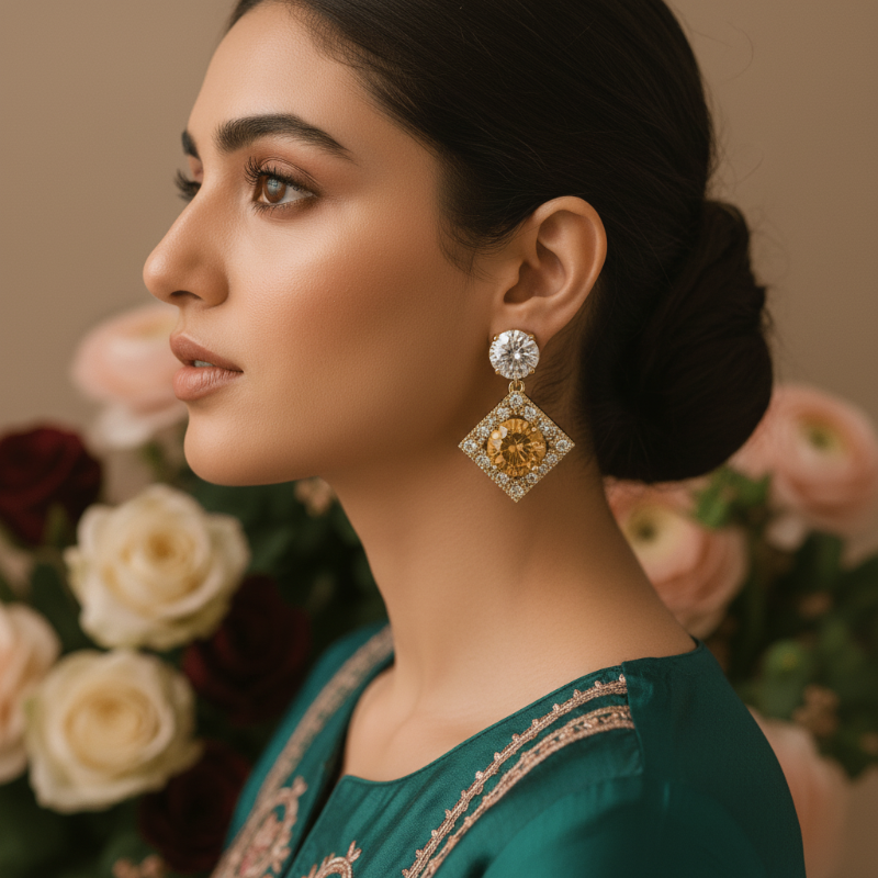 Woman wearing a pair of earrings with a floral background