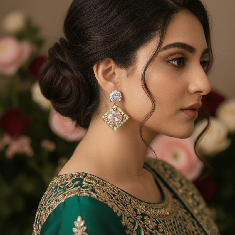Woman wearing elegant earrings with a floral background