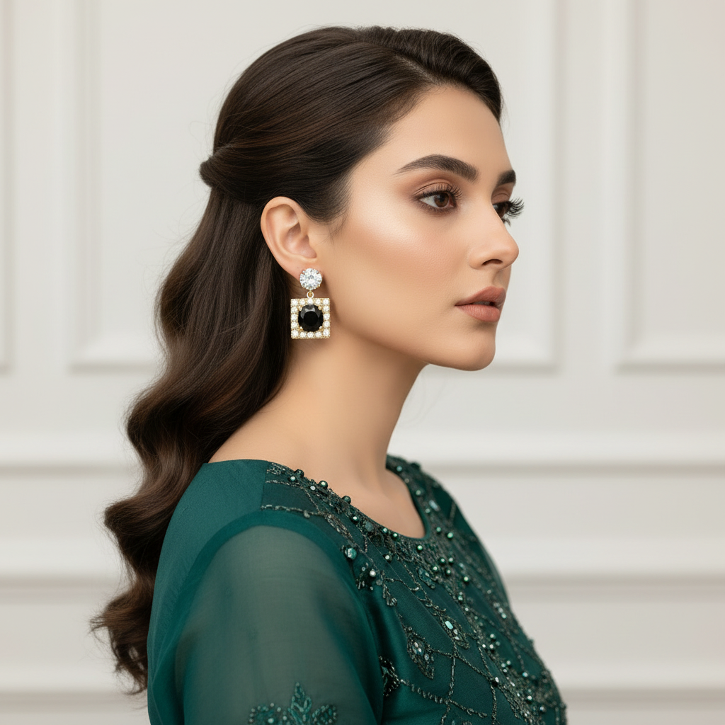 Woman wearing a green dress with intricate detailing and a pair of earrings.