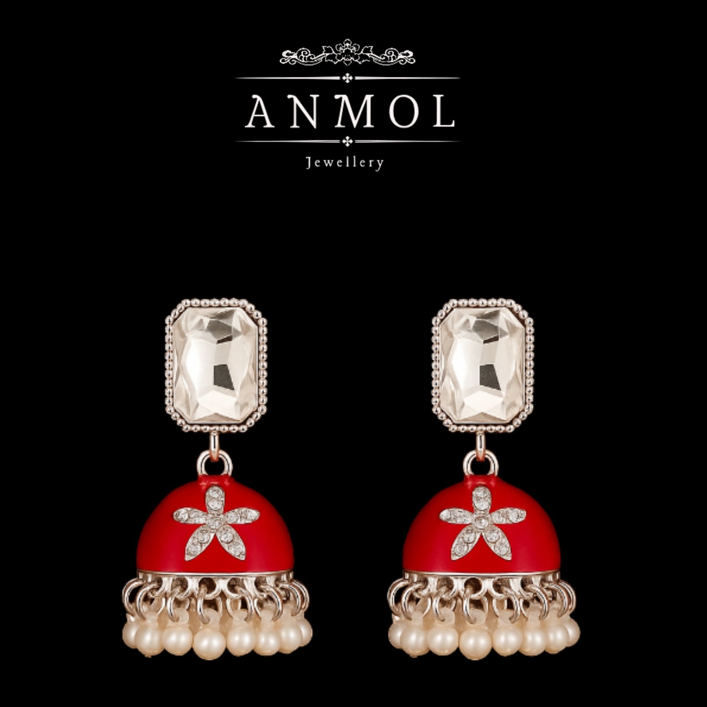 Red and gold earrings with a star design on a black background, branded as Anmol Jewellery.