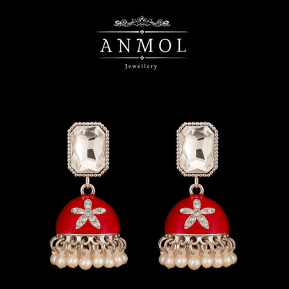 Red and gold earrings with a star design on a black background, branded as Anmol Jewellery.