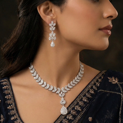 Woman wearing a diamond necklace and earrings on a dark background